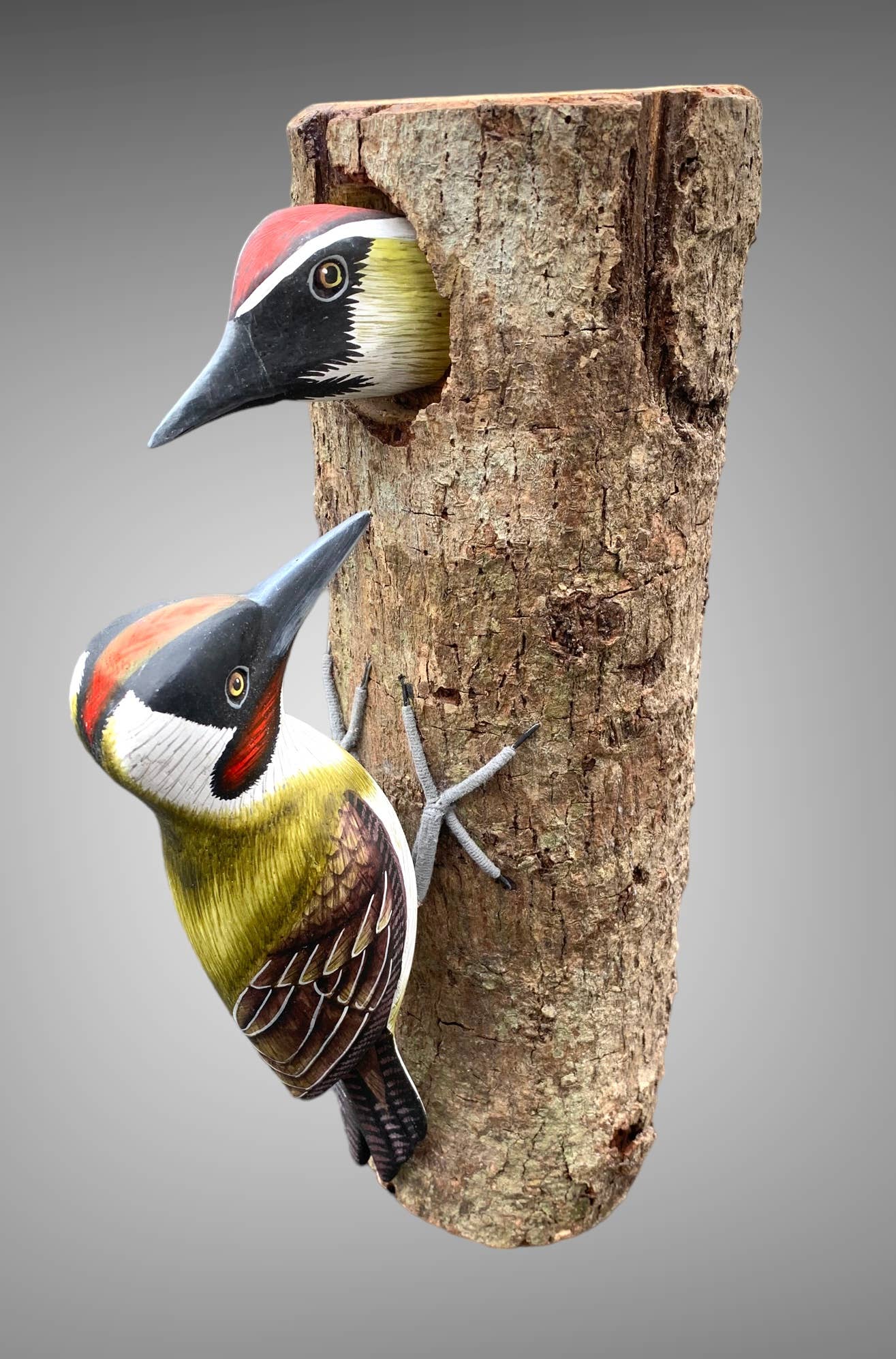 Wooden Painted Bird Sculpture - Green Woodpecker and Baby