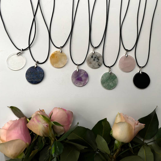 Gemstone Coin Pendant on Black Cord