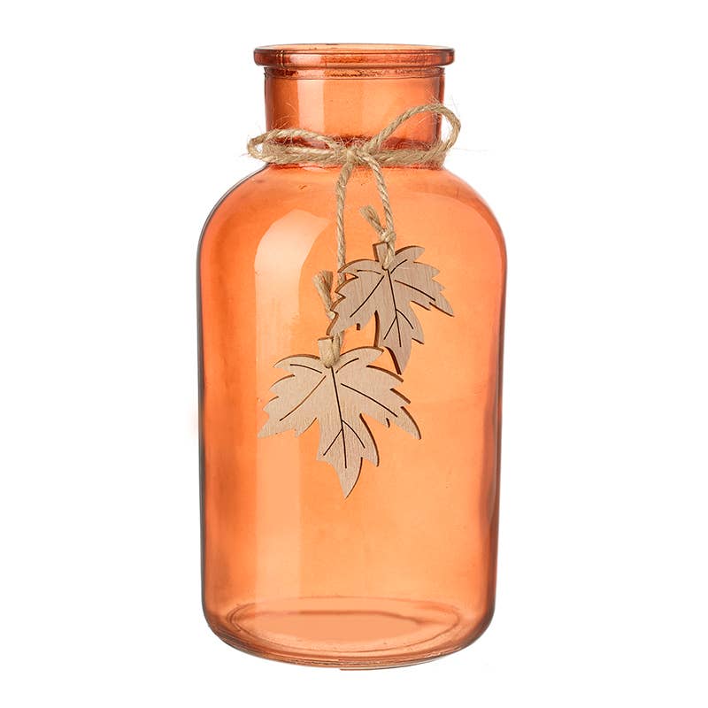 Autumn-BURNT ORANGE GLASS JAR WITH LEAVES DEC
