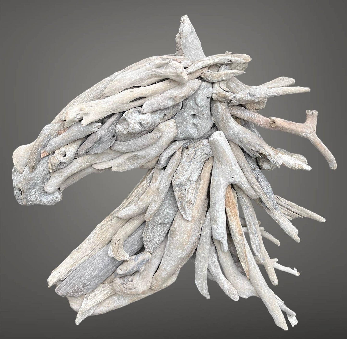 Driftwood whitewashed horse head hanging wall plaque.