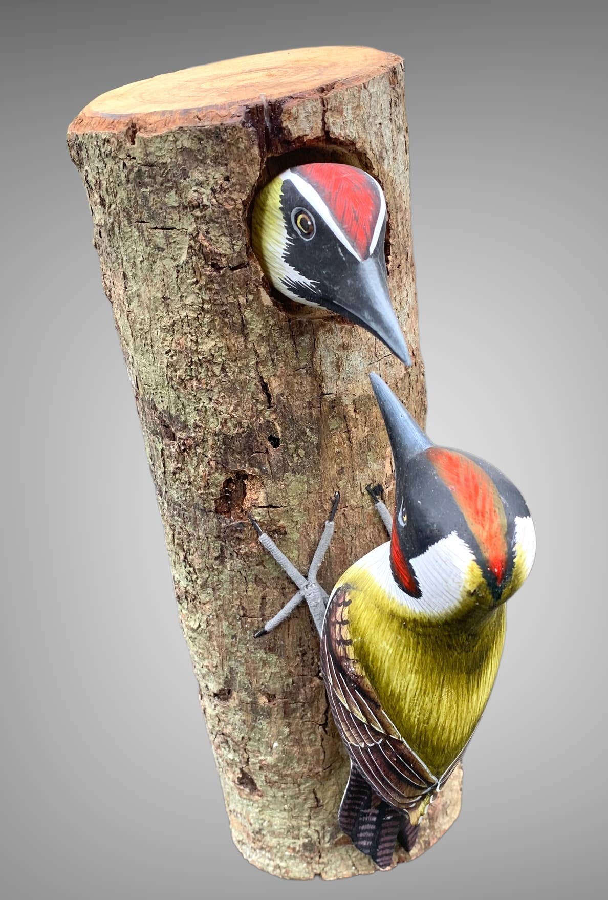 Wooden Painted Bird Sculpture - Green Woodpecker and Baby