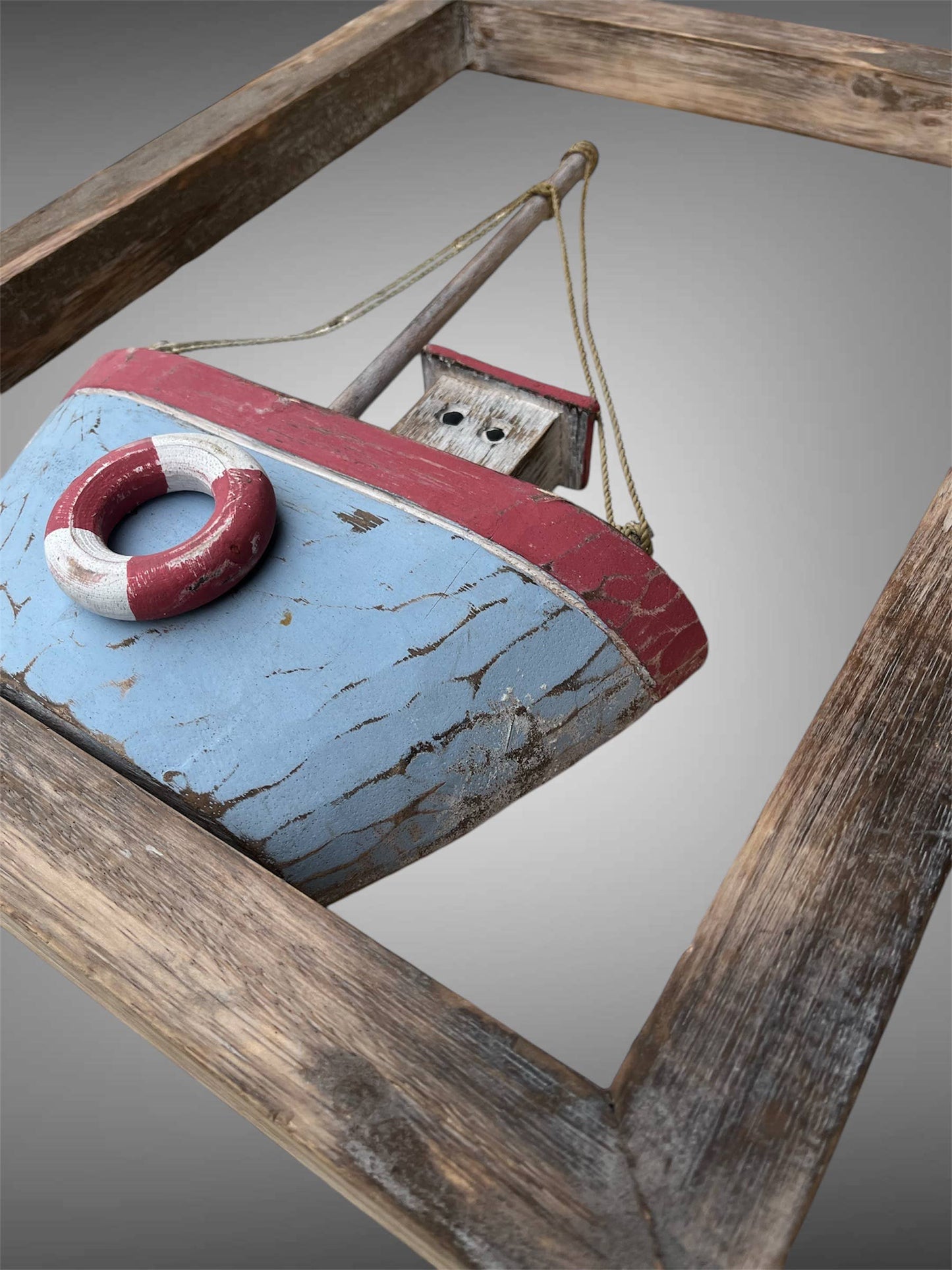 Wood carved fishing boat in wooden frame - 40 cm x40 cm