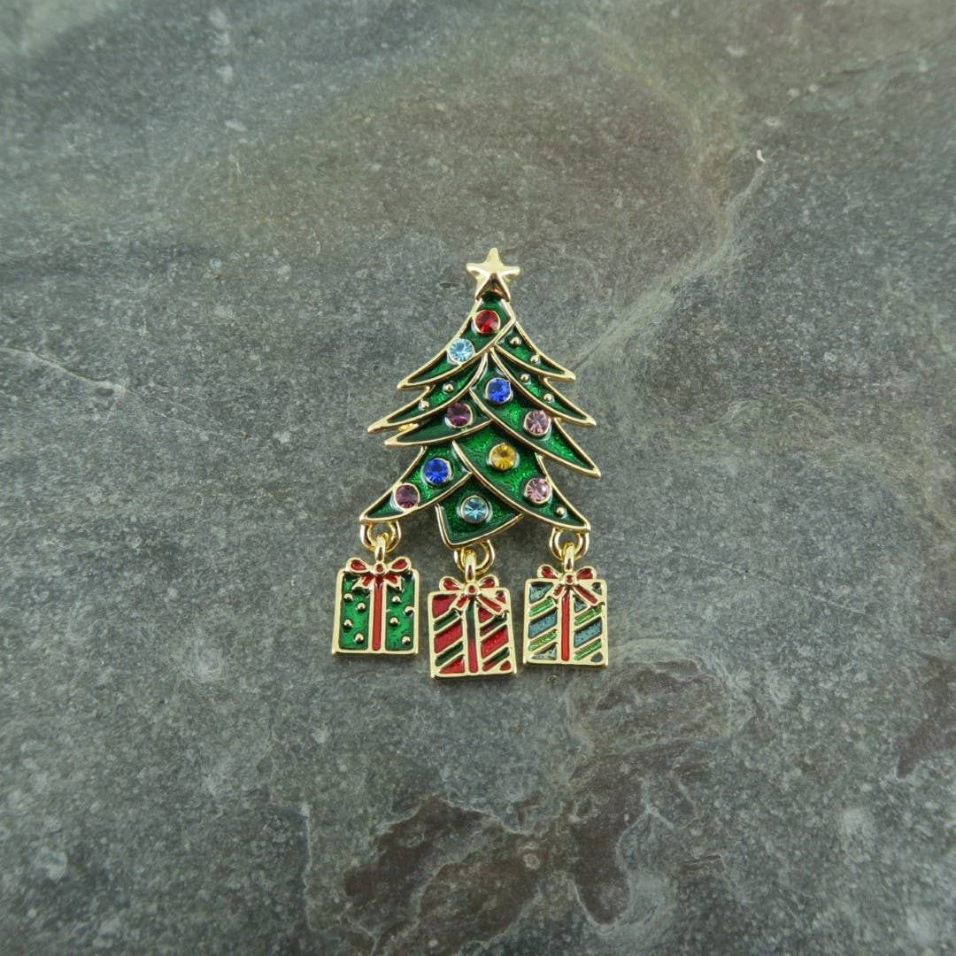 Christmas Tree Festive Brooch with Dangly Presents