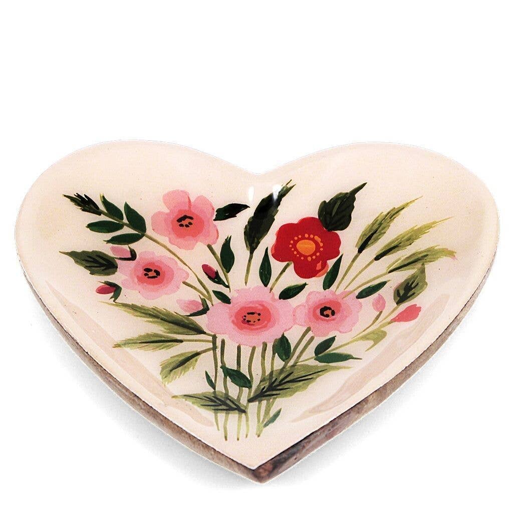 Wooden Heart-Shaped Trinket Dish - Flowers