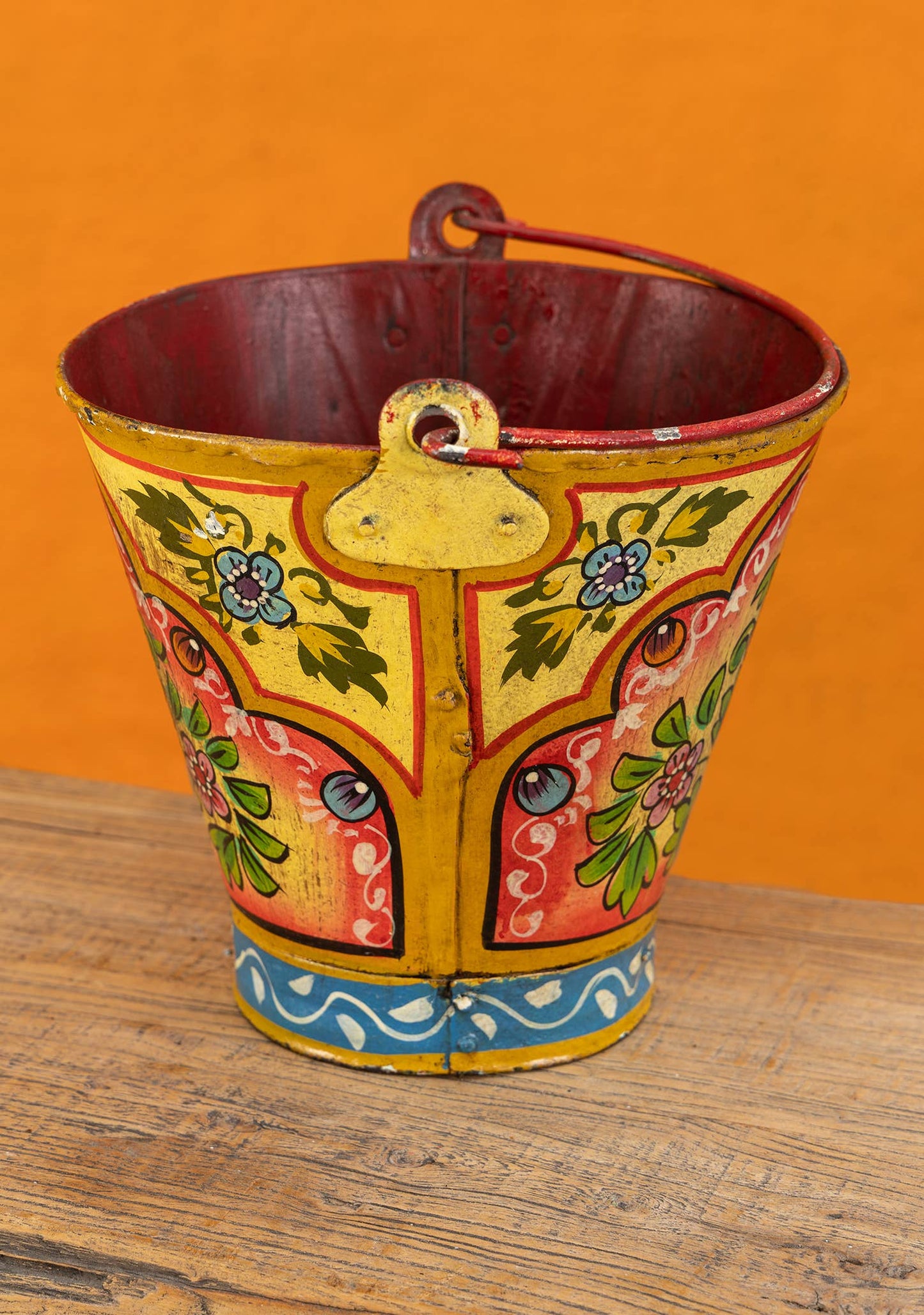 Vintage Iron Handpainted Bucket, Yellow