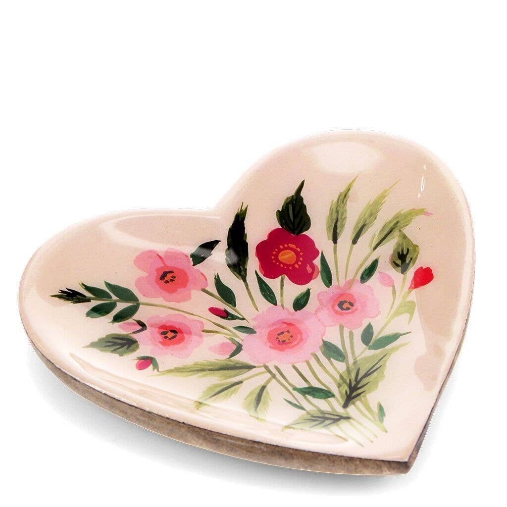 Wooden Heart-Shaped Trinket Dish - Flowers