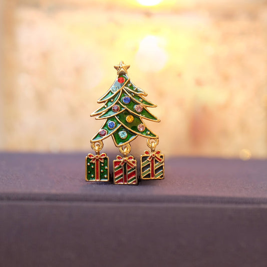 Christmas Tree Festive Brooch with Dangly Presents