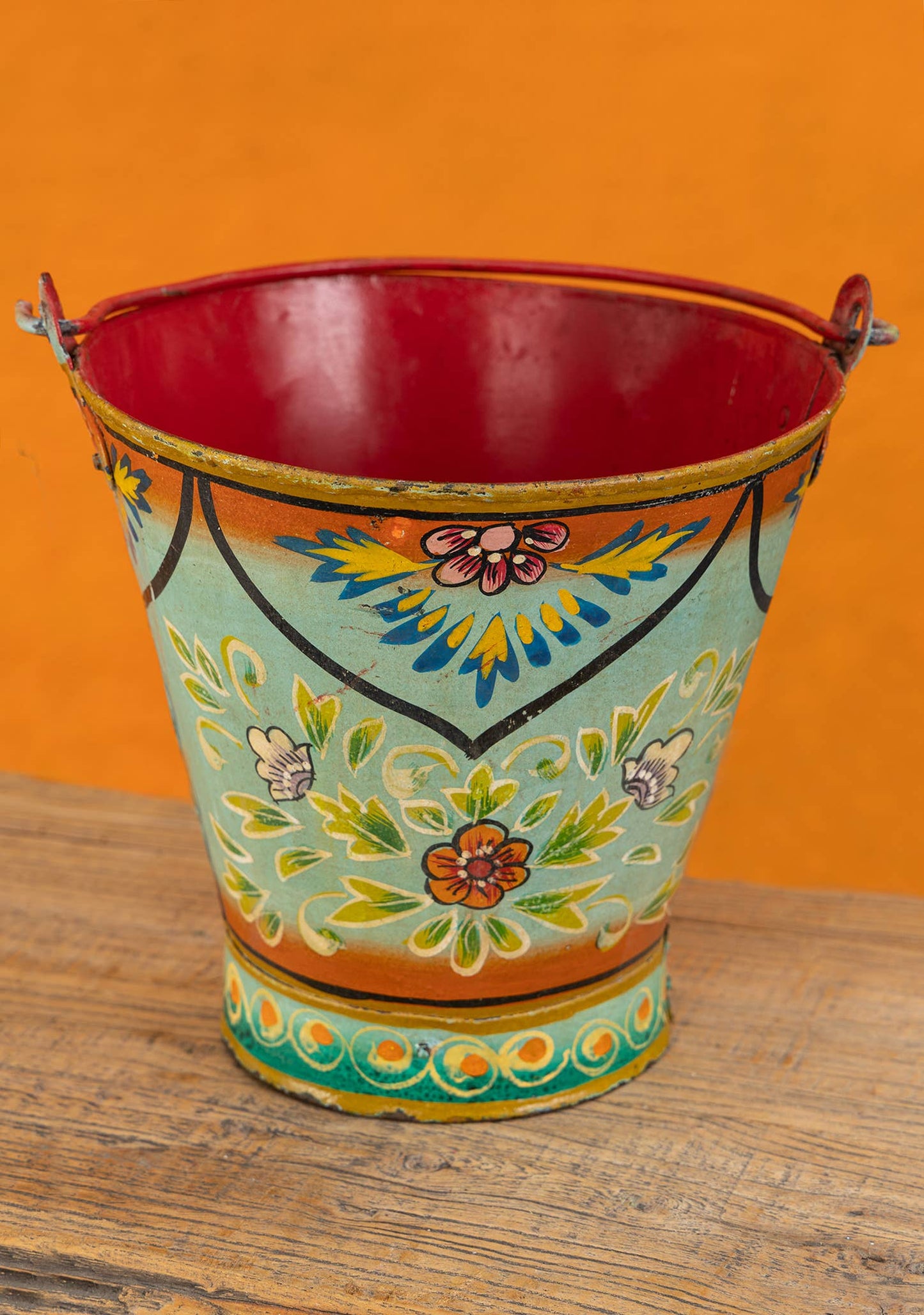 Vintage Iron Handpainted Bucket, Turquoise
