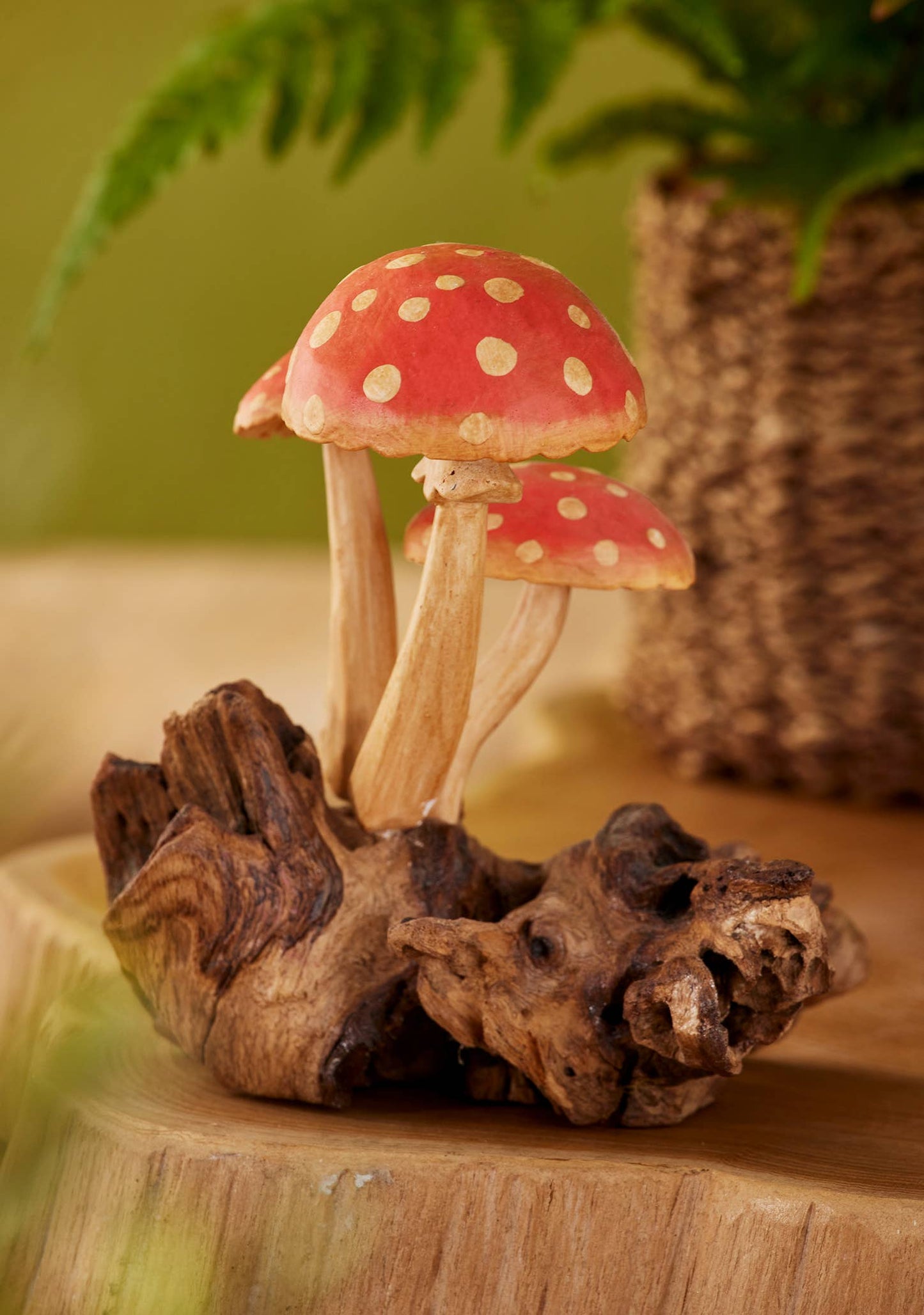 3 Mushrooms Handcarved On Wooden Base