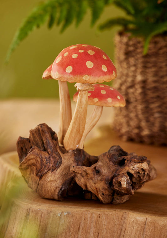 3 Mushrooms Handcarved On Wooden Base