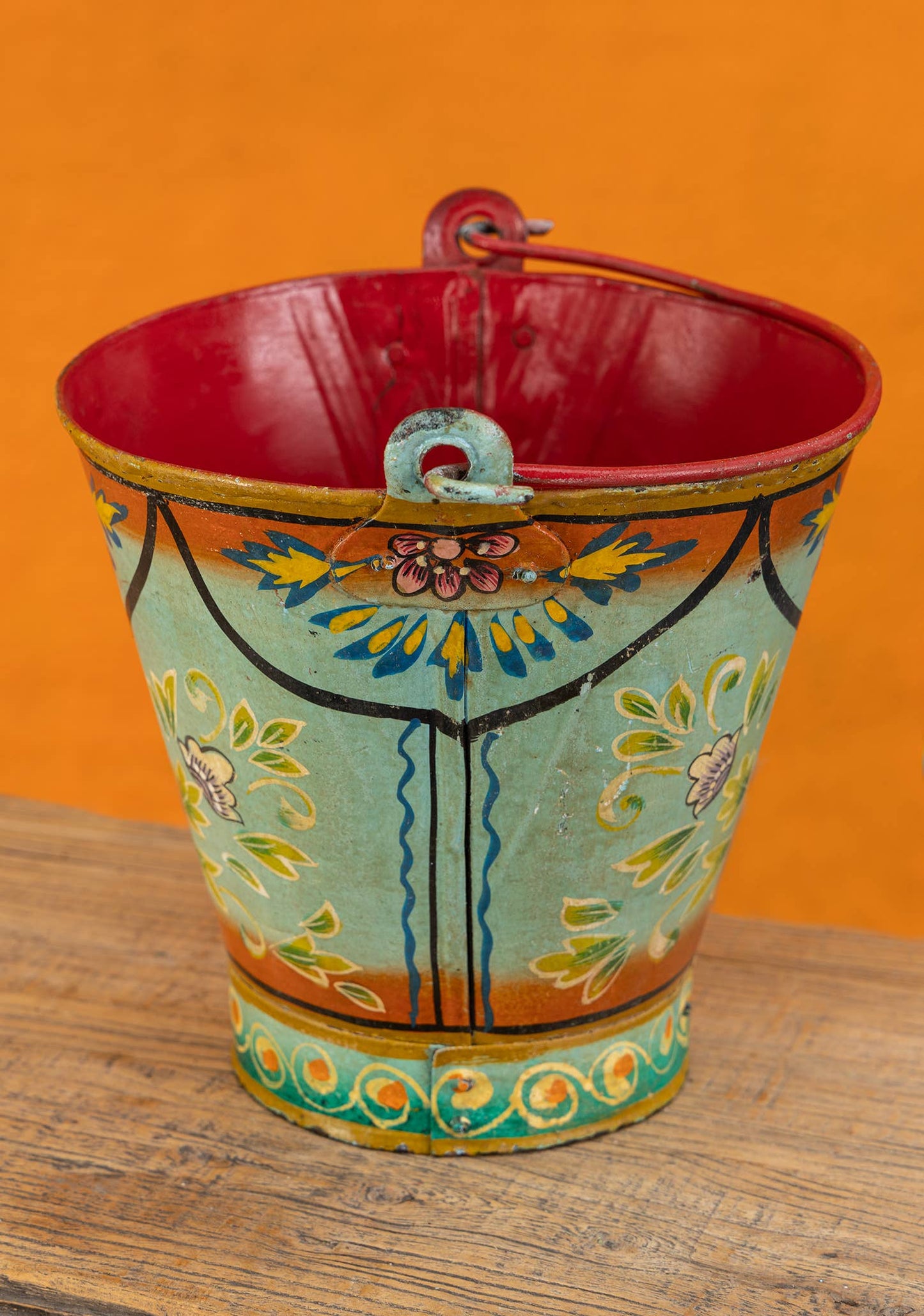 Vintage Iron Handpainted Bucket, Turquoise
