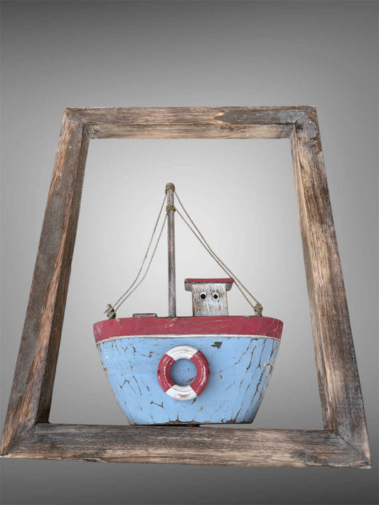 Wood carved fishing boat in wooden frame - 40 cm x40 cm