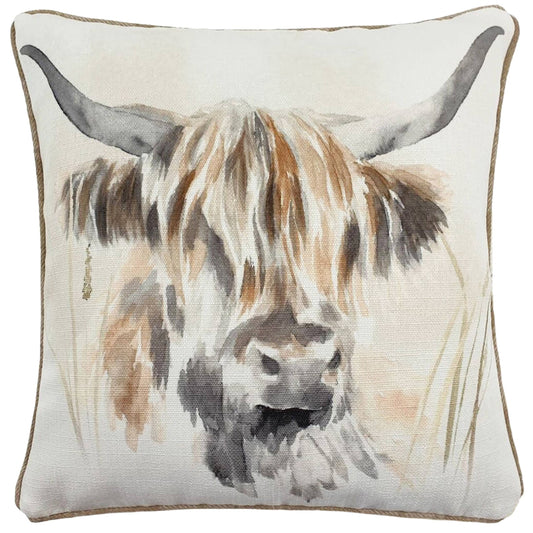 Watercolour Highland Cow Cushion Tan