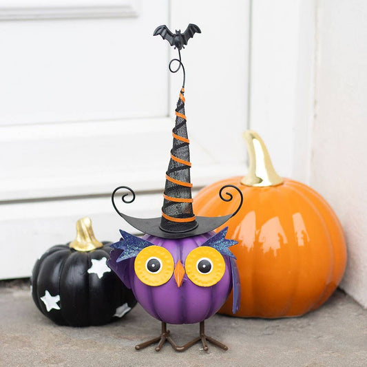 Purple Metal Owl Halloween Decoration with Witch Hat
