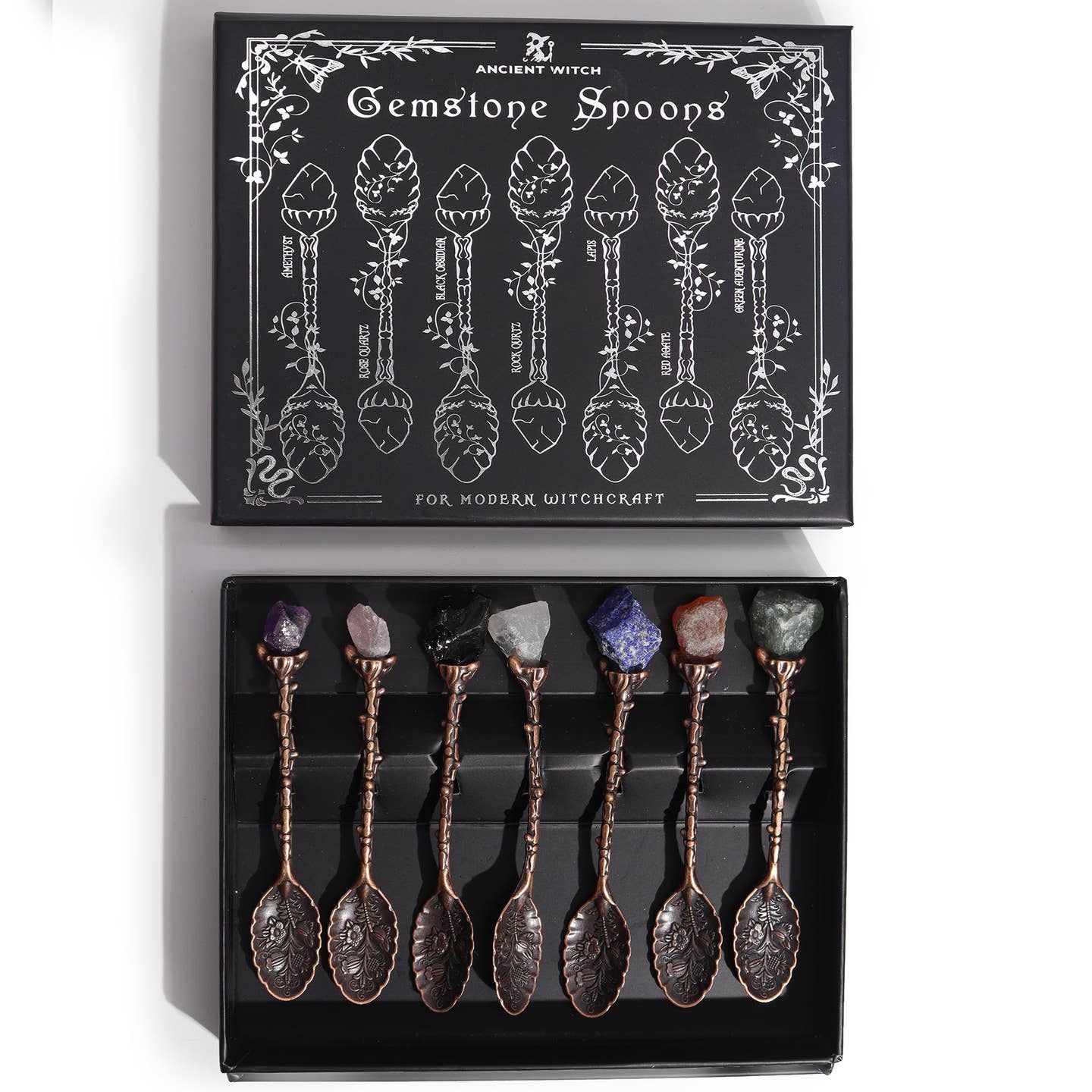 Set of 7 Bronze Gemstone Crystal Witch Spoons